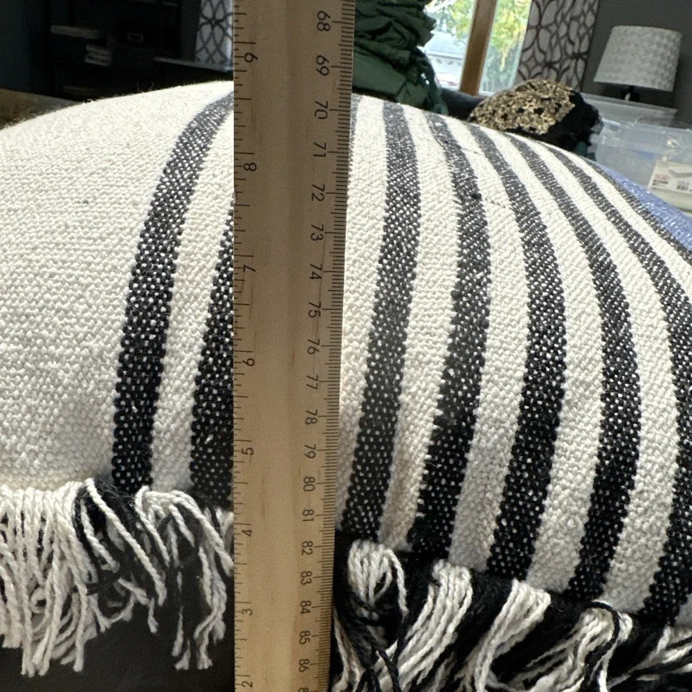 Blue Black Cream Striped Fringe Throw Pillow 20
